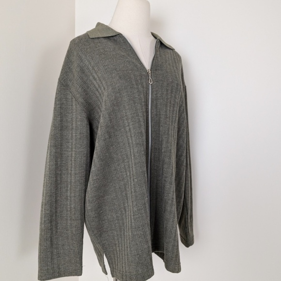 90's Cardigan Jacket Forest Green Long Sleeve Zip-up Zipper Collar Ribbed - Picture 4 of 7